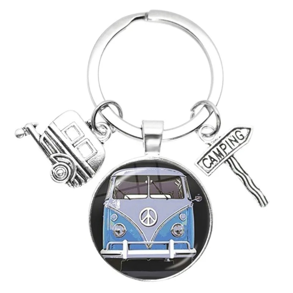 Keychain Retro Van Light Blue Volkswagen Bus Peace Sign - Picture 1 of 9